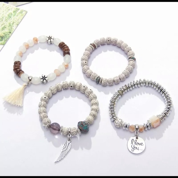 SET/ 4 Chic Beaded Boho Hippie Bracelets Cream - Picture 2 of 9